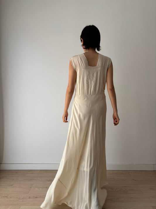 1930s Silk Chiffon Embroidered Ruffled Bias Cut Gown