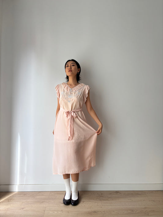 1940s Antique Ruffle Pastel Pink Pure Silk Crepe Flower Embroidered Nightgown