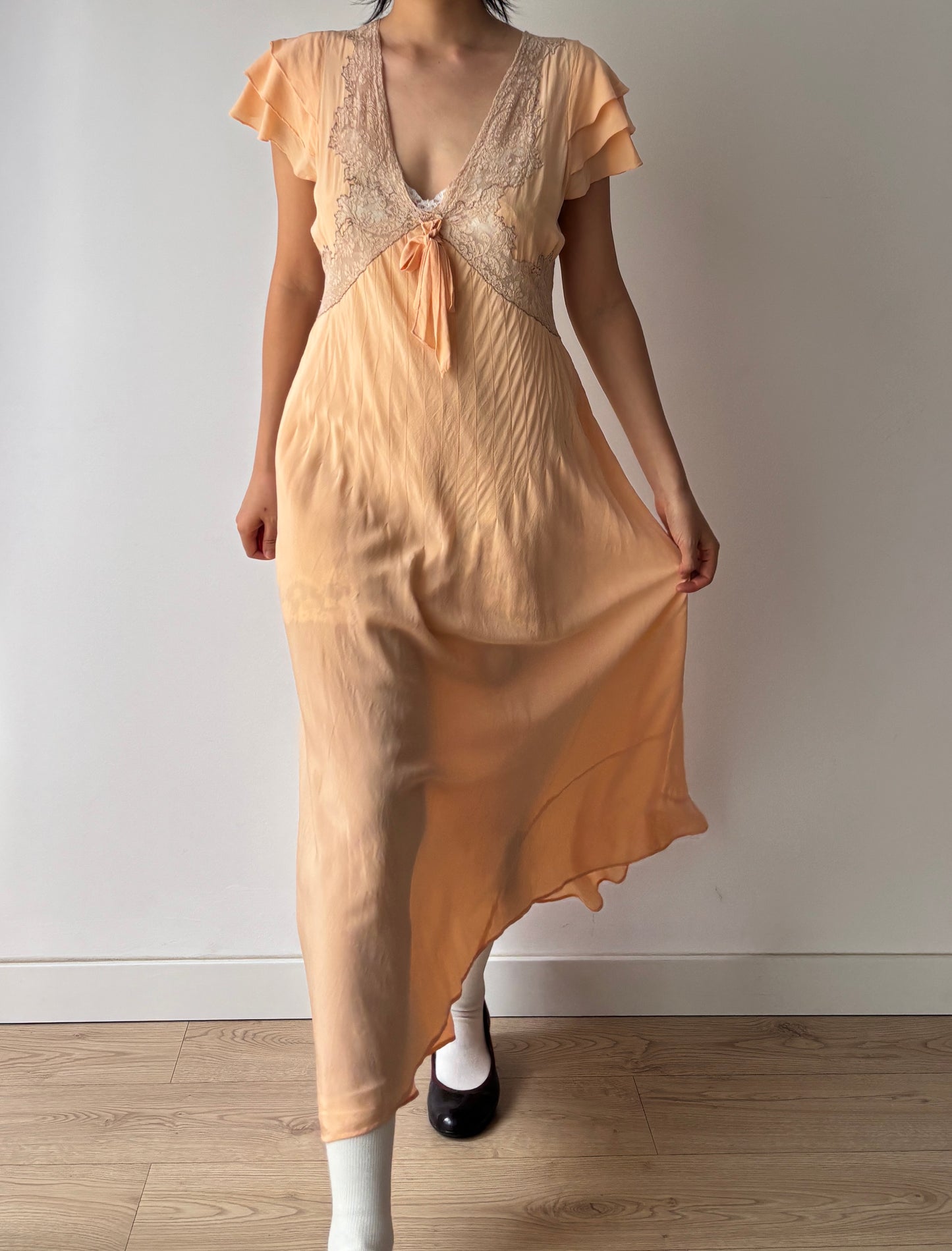 1930s Antique Ruffle Lace Peach Pure Silk Embroidered Nightgown