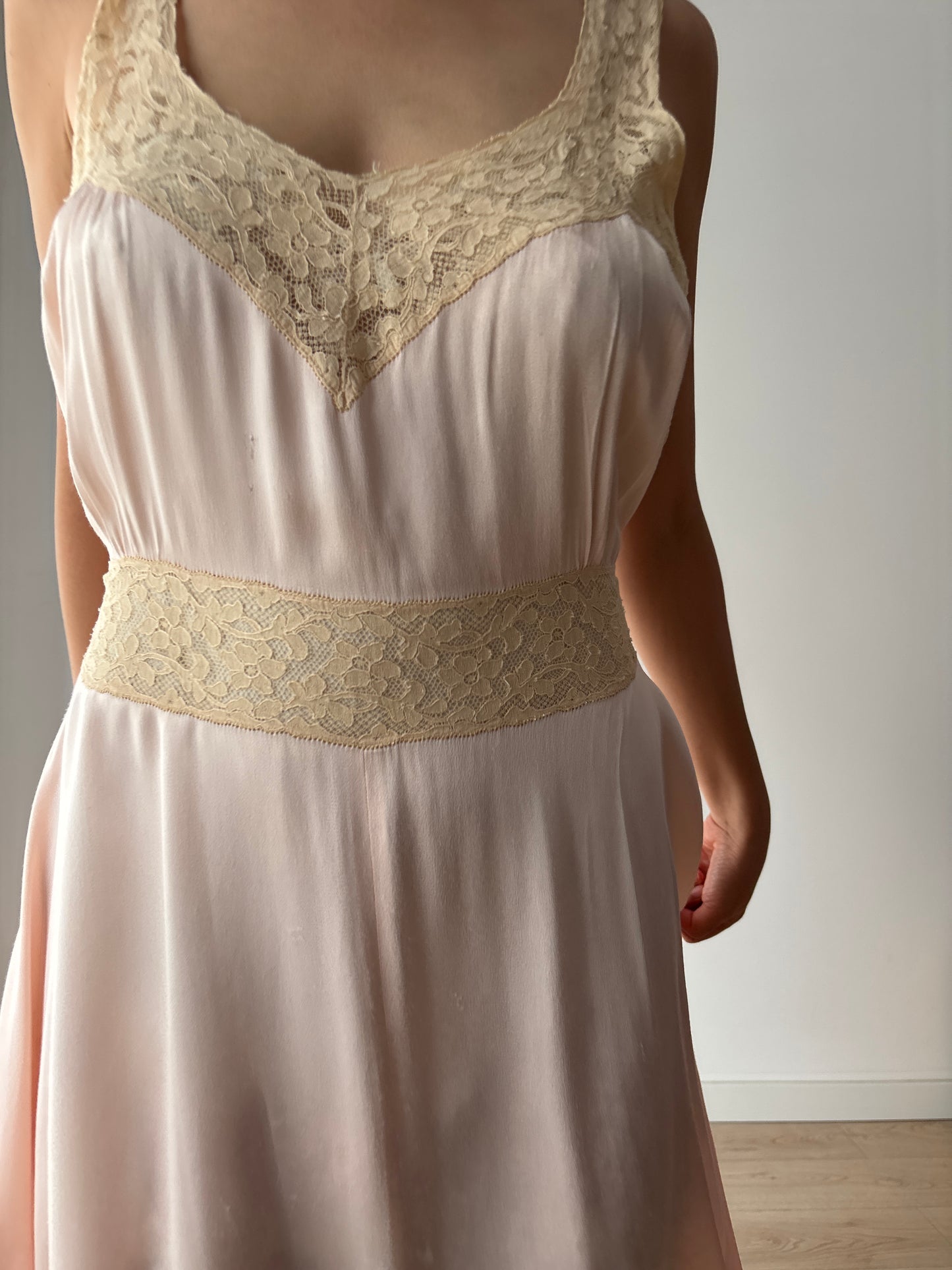 1930s Silk Satin Dress, 1940s Bias Cut Bridal Antique Pastel Pink Lace Nightgown