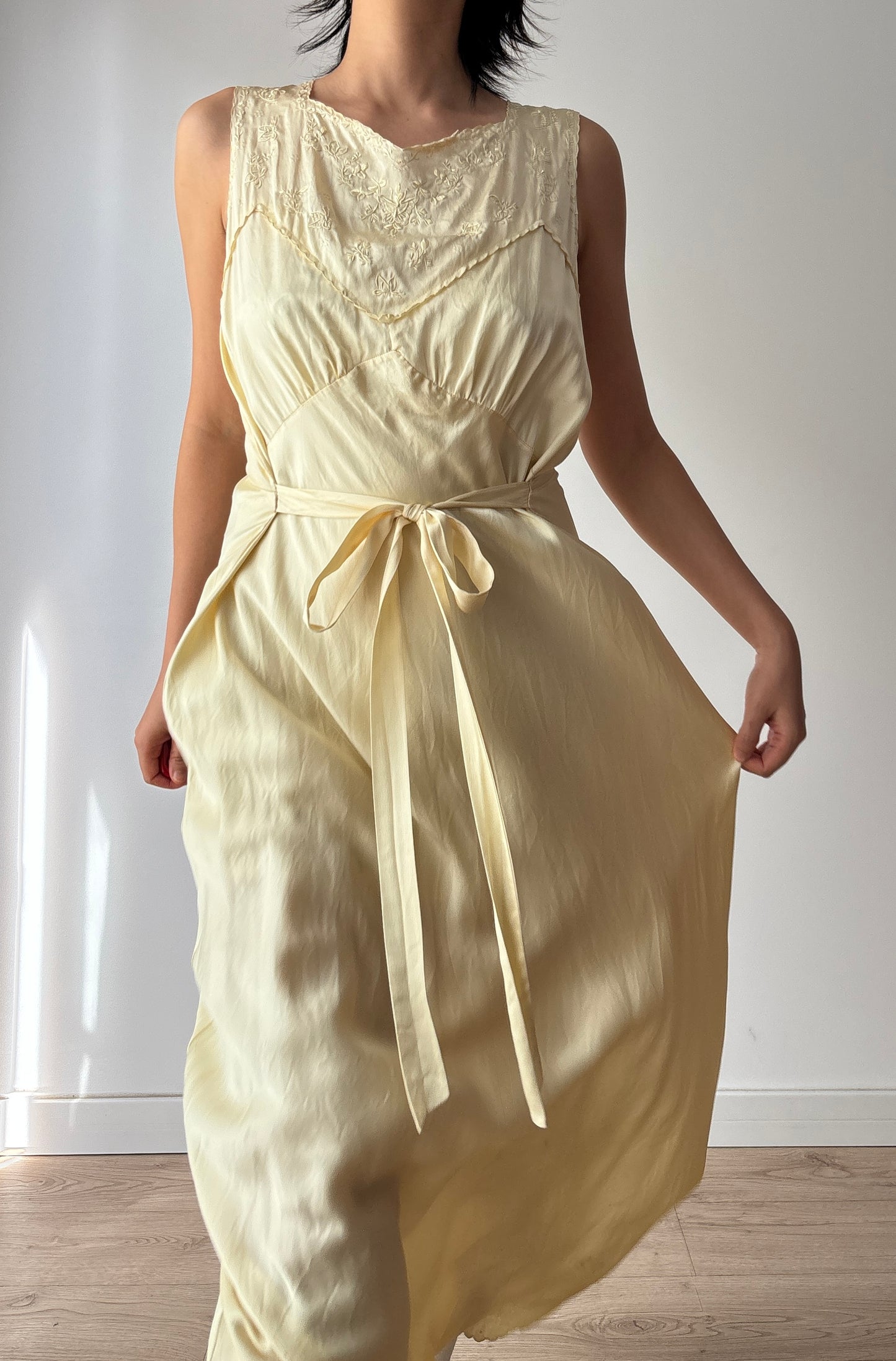 1940s Antique 100% Silk Yellow Embroidered Long Slip Maxi dress