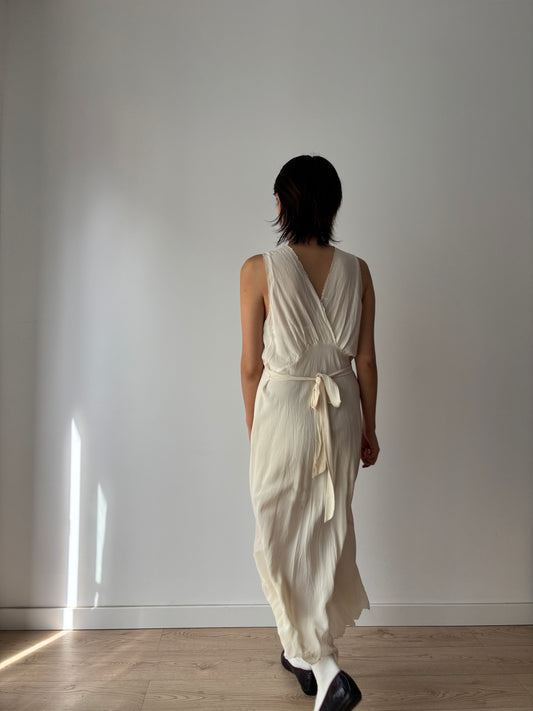 Antique vintage 1950s 1940s bias cut pure silk hand embroidered lace art deco white nightgown maxi slip dress