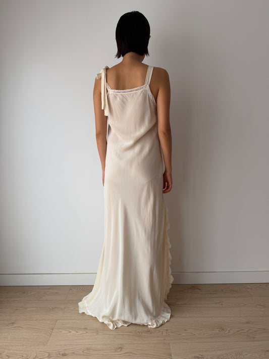 Vintage Florentine Pure Silk Ruffled Lace Bridal Nightgown, Embroidered Vintage Maxi Dress