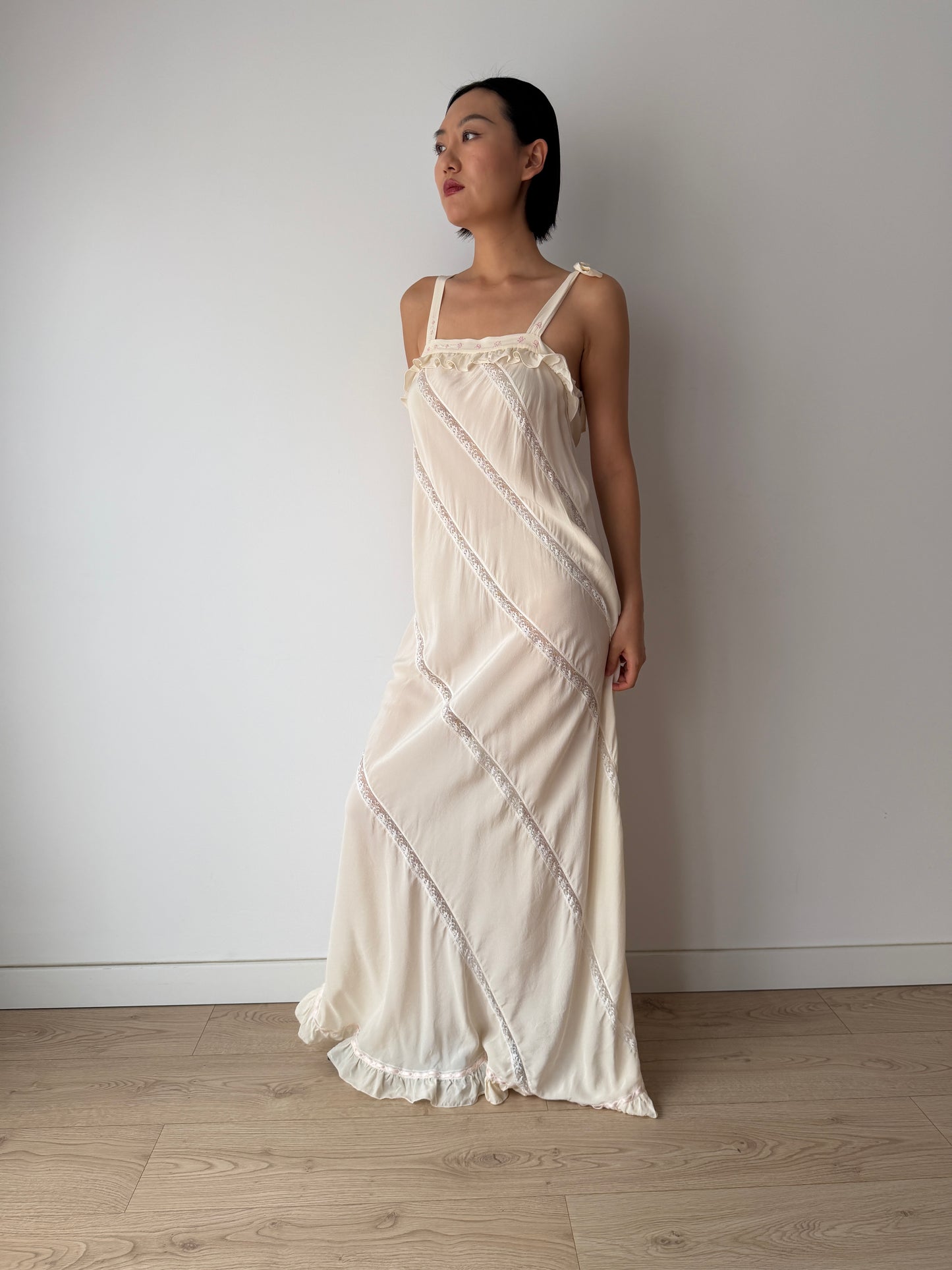Vintage Florentine Pure Silk Ruffled Lace Bridal Nightgown, Embroidered Vintage Maxi Dress