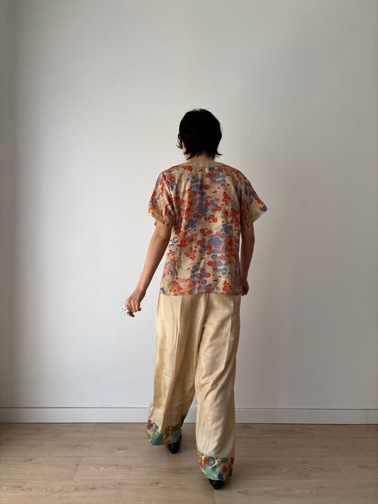 Rare 1920s 1930s Japanese Hand-Floral Painted Pure Silk Kimono Pajama 2-piece Set, Art Deco Romantic Top & Pants