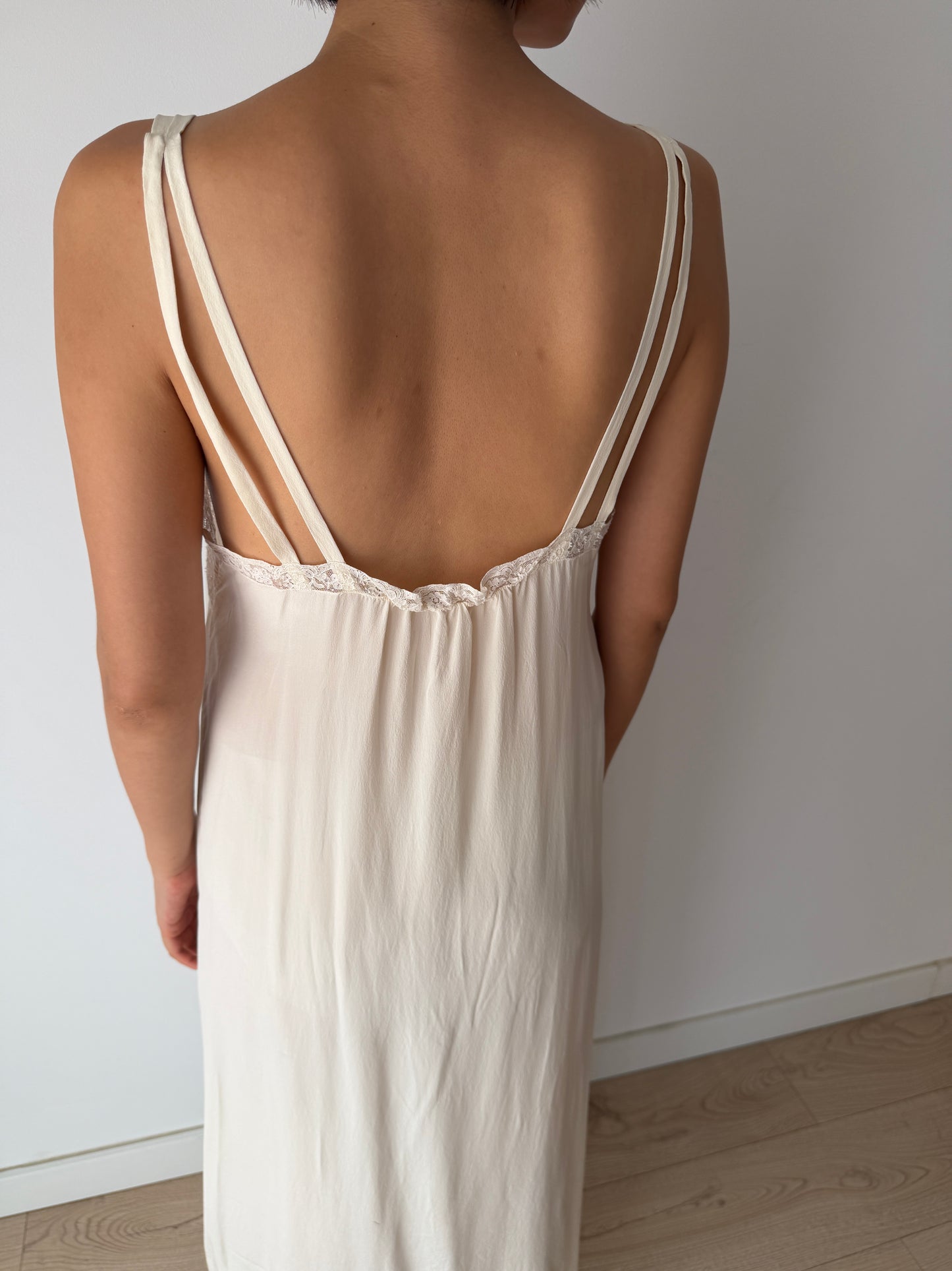 Vintage 100% Silk Lace Ribbon Maxi Bridal Dress | Double-Strap Romantic Antique Lace Gown