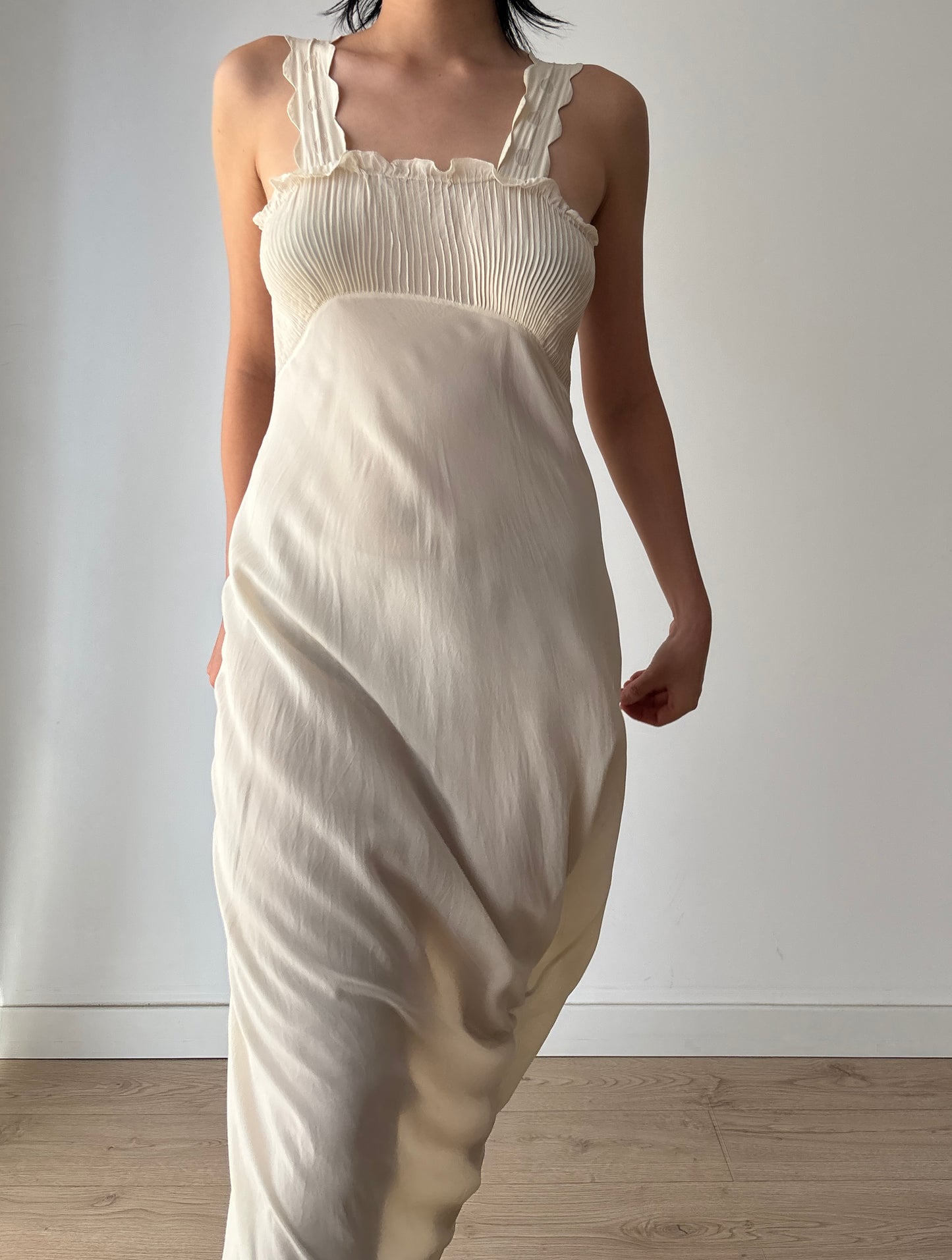 1930s Vintage Silk Crepe Nightgown, Antique Lace Embroidered Bias Cut Slip Dress
