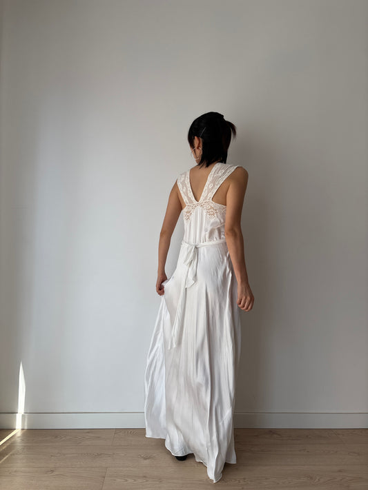 1930s Antique Bridal Silk Satin Dress, French Lace Embroidered Maxi Dress