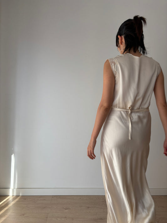 1930s Vintage Silk Bridal Nightgown, Lace Art Deco Bias Cut Maxi Slip Dress