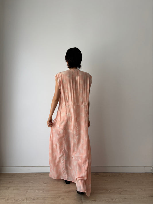 1930s Pink Floral Silk Maxi Dress, Bias Cut Art Deco Gown