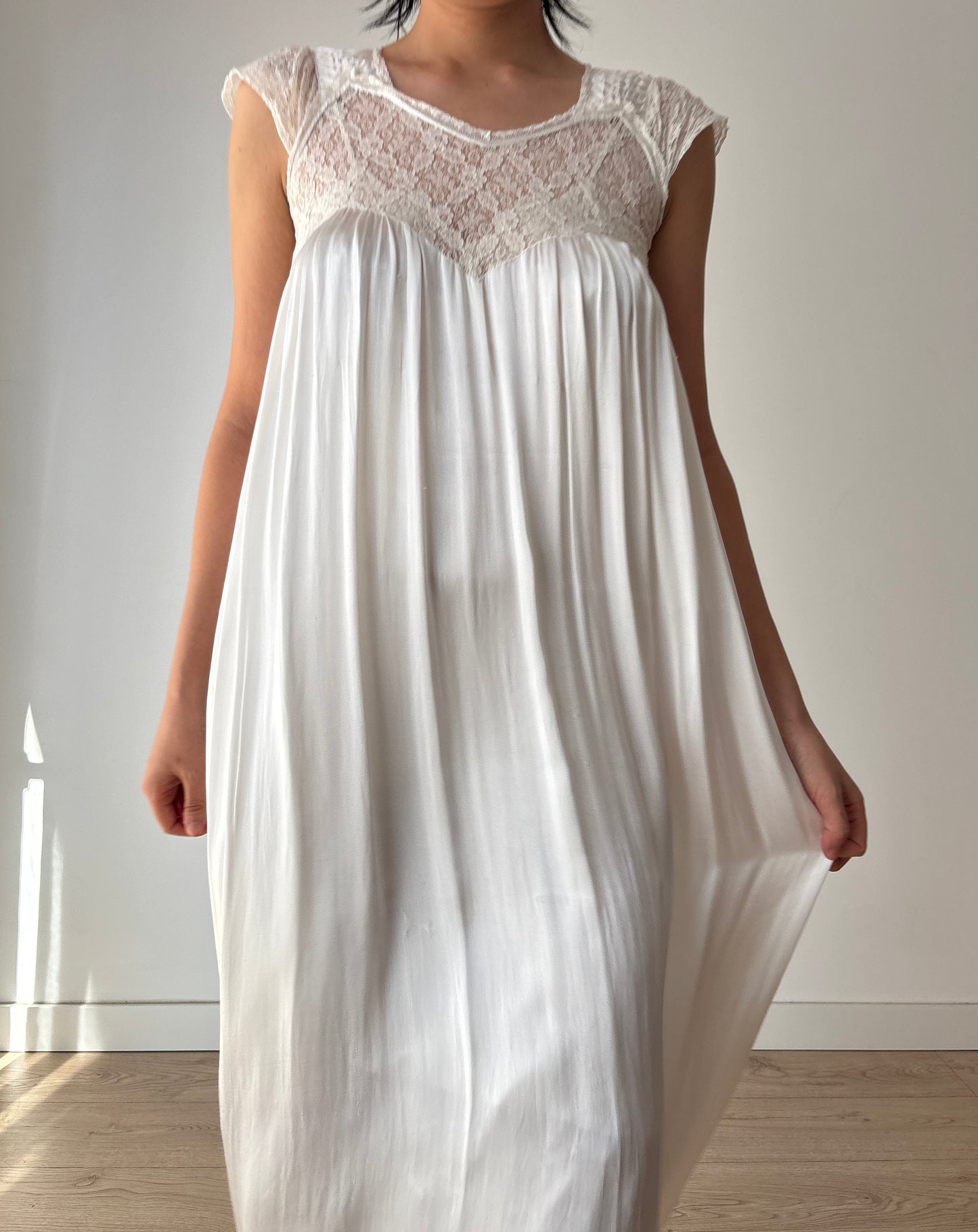 1950s Antique Silk Satin Bridal Dress, Floral Lace Maxi Gown