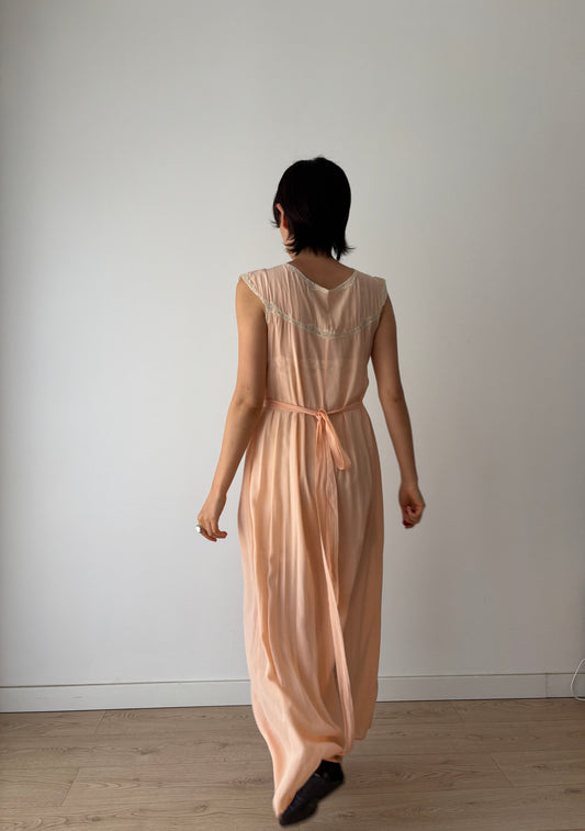 1930s Peach Silk Chiffon French Lace Nightgown