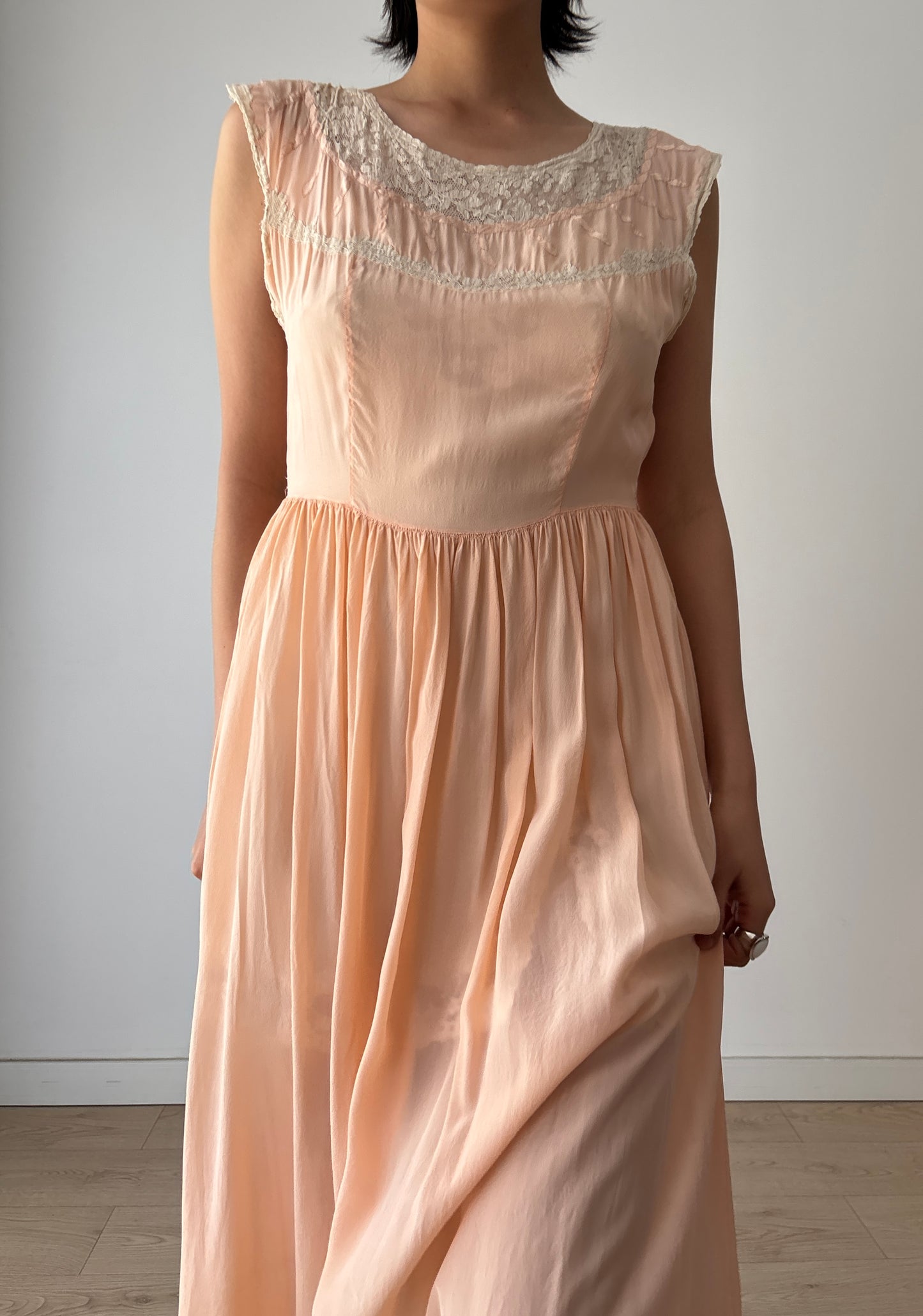 1930s Peach Silk Chiffon French Lace Nightgown