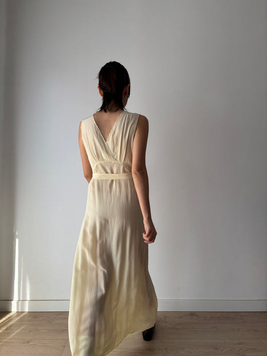 1940s Antique 100% Silk Crepe Yellow Embroidered Long Slip Maxi dress
