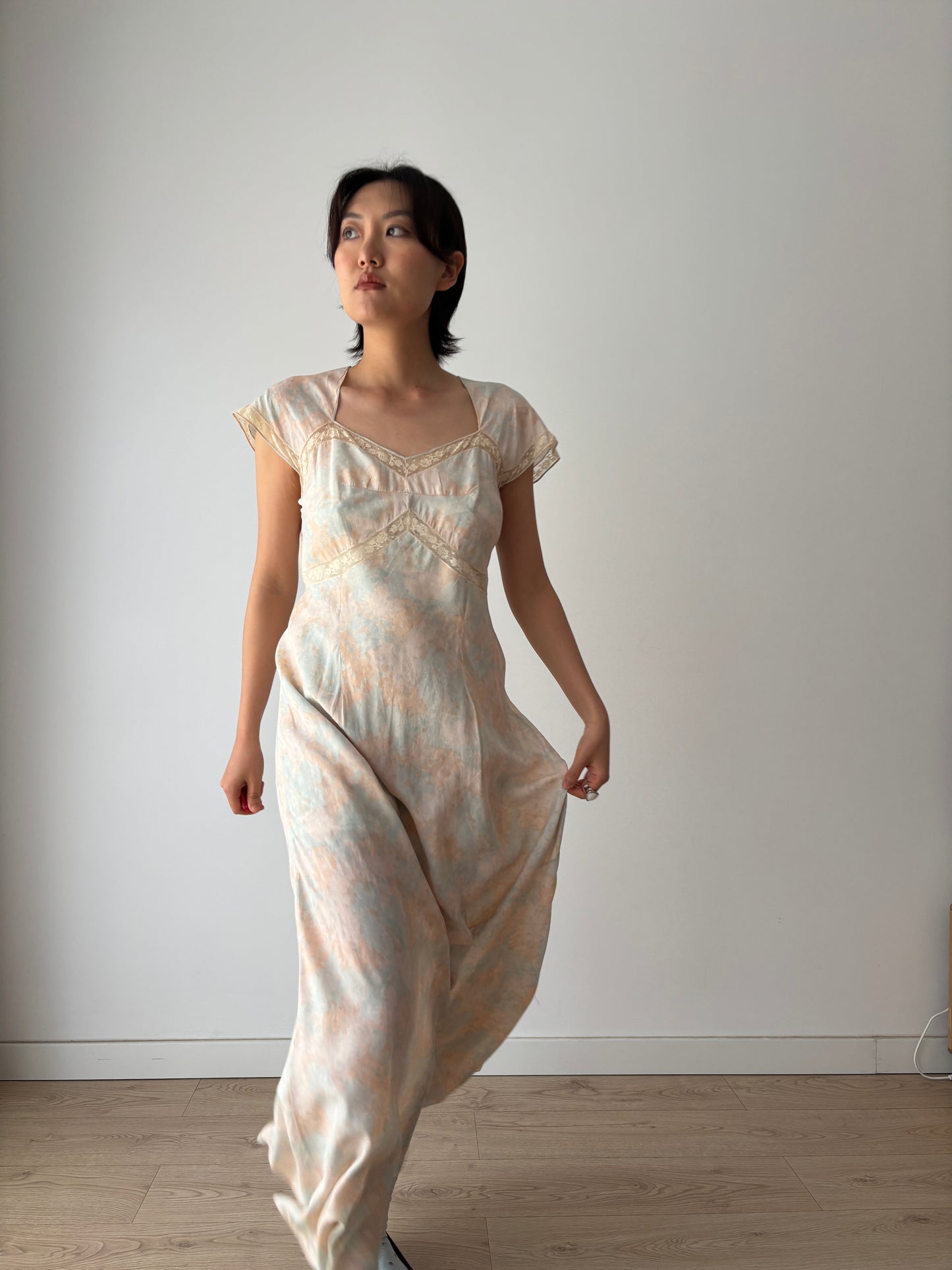 Rare 1930s Pink blue floral print silk romantic dress, parisian nightgown bridal slip dress, bias cut dress