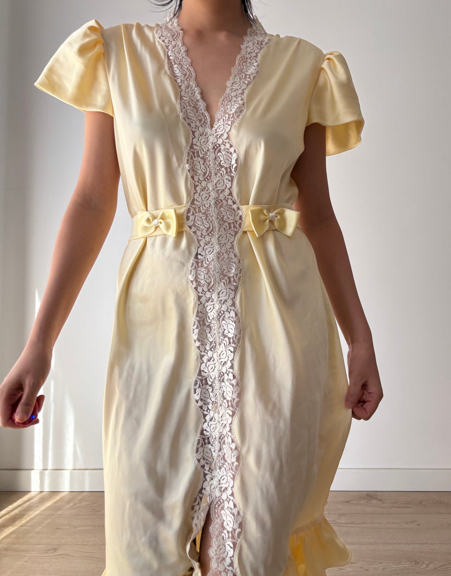 Vintage Yellow Pure Silk Lace Nightgown with Bow & Waist Belt