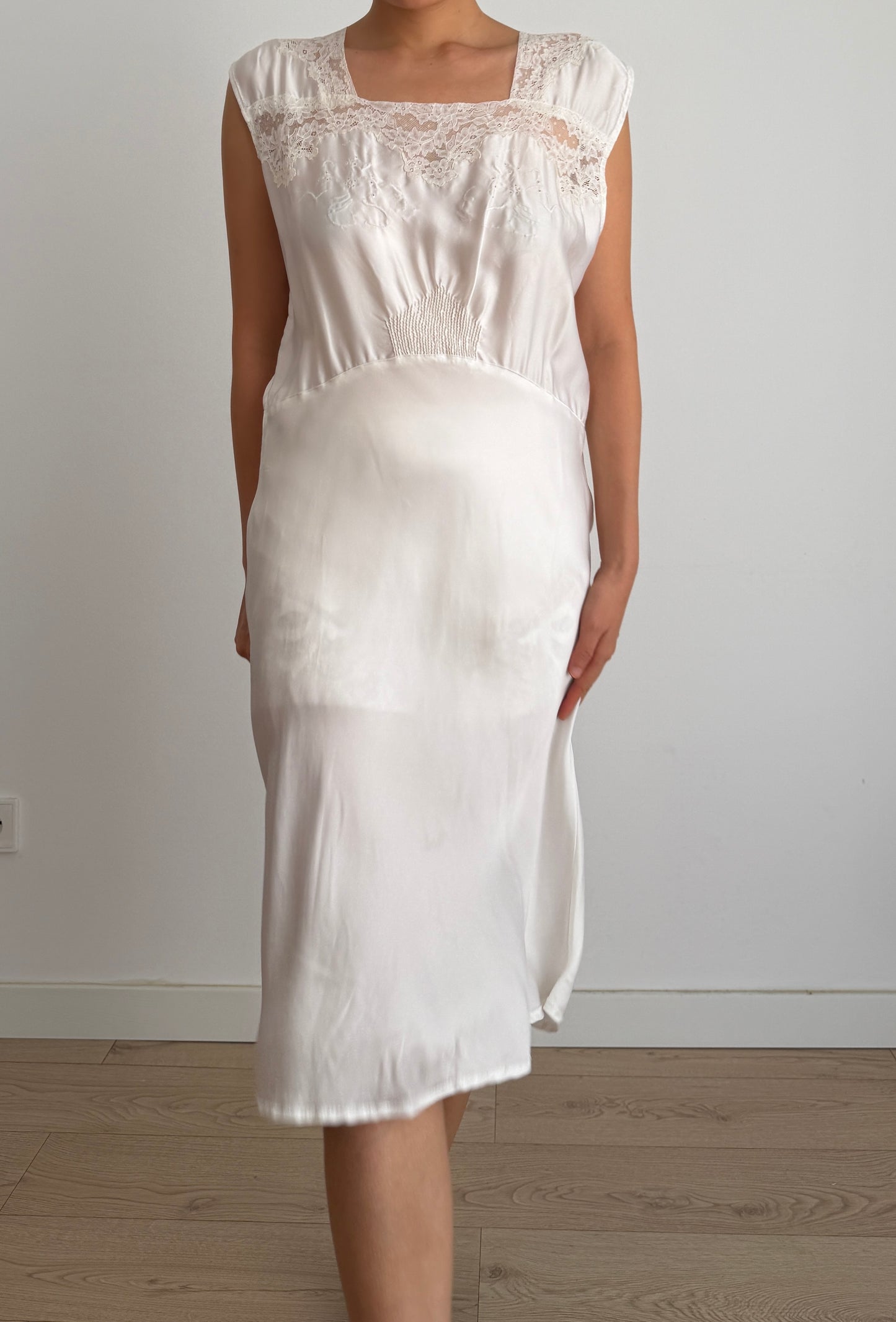 1950s Vintage Silk Satin Bridal Embroidered Slip Dress