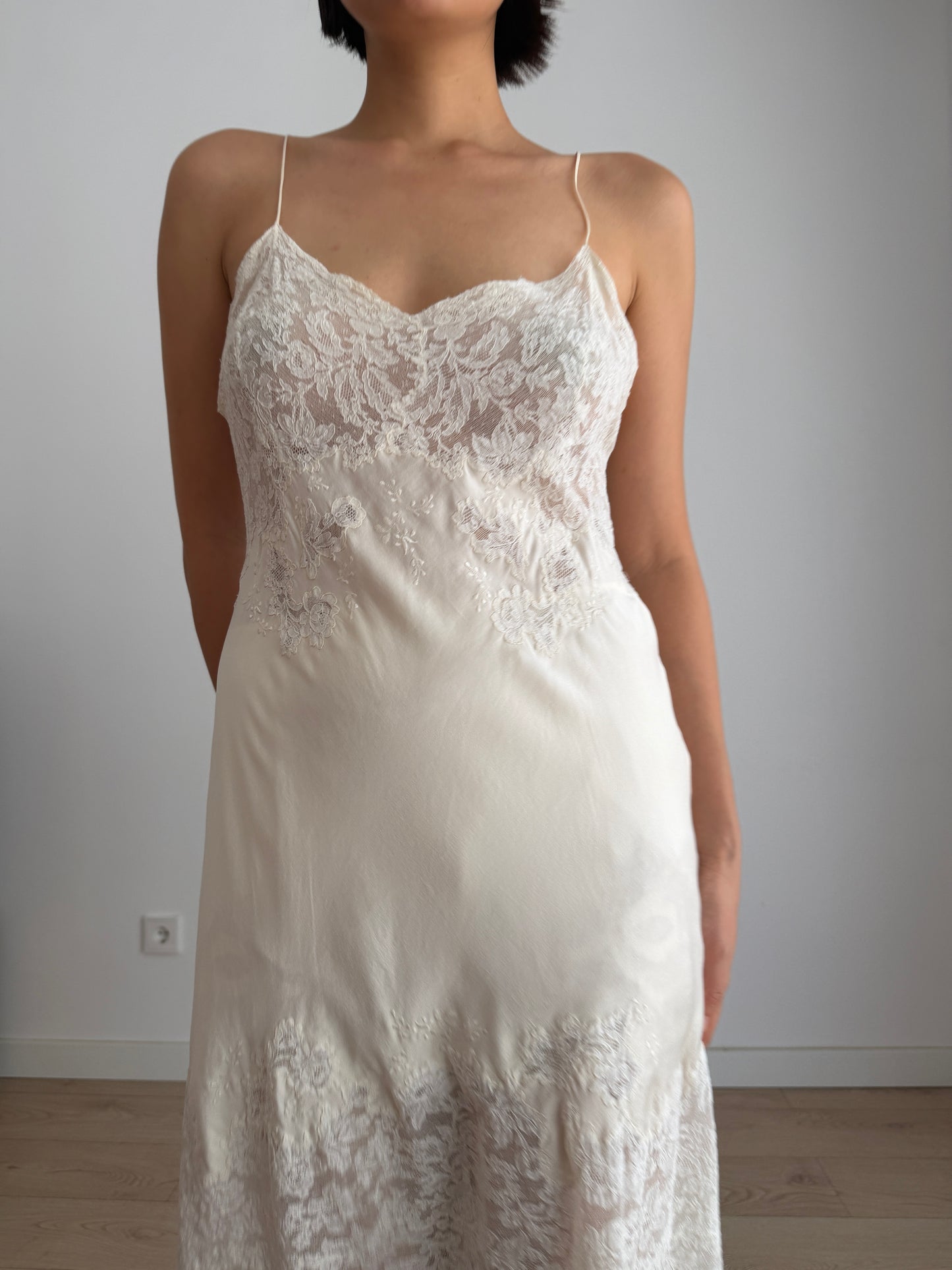 1930s Bridal Silk Heavy Lace Slip Dress, Romantic Floral Antique Embroidered Appliqué Dress