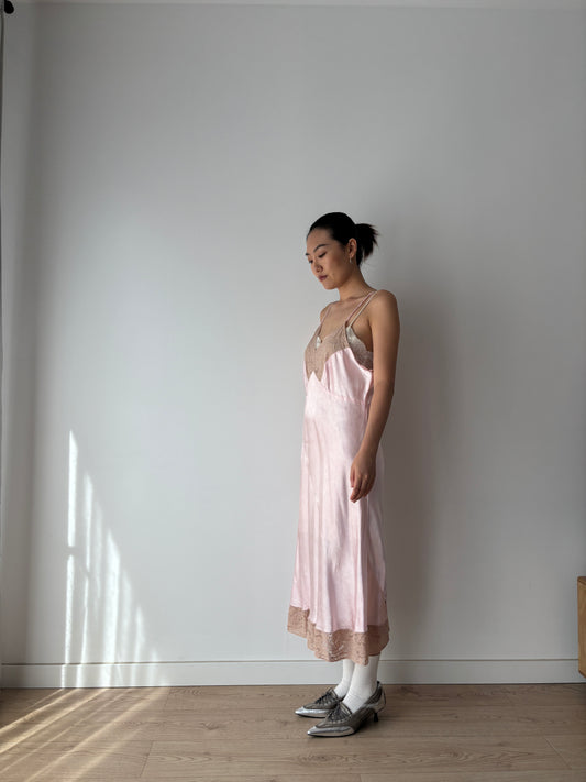 1950s Vintage Liquid Satin Slip Dress, Pink Print Camisole Nightdress with Lace Trim
