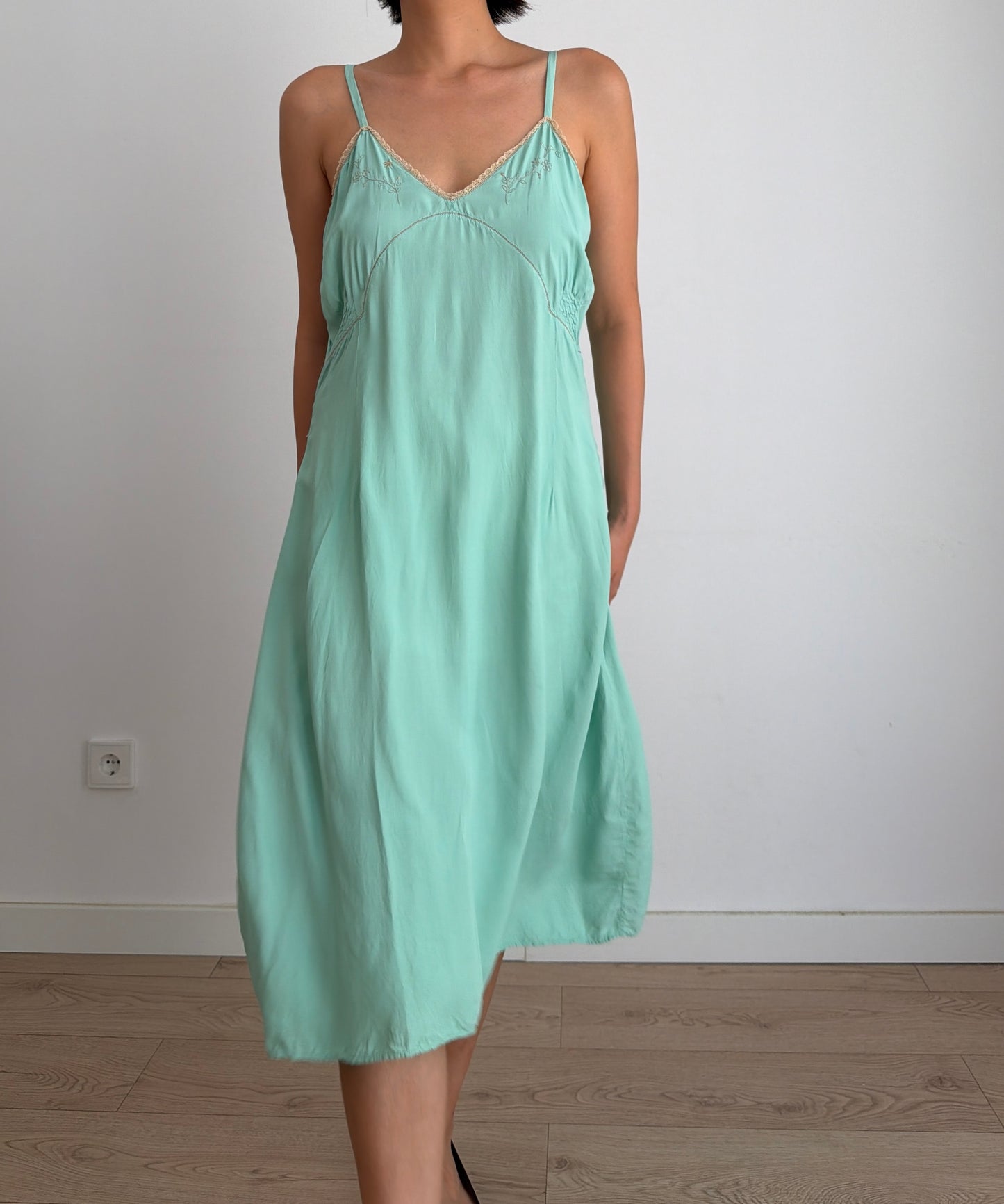 1950s Silk Green Turquoise Lace Floral Embroidered Slip Dress