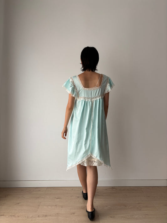 Vintage Blue Silk Lace Camisole Slip Dress, 30s French Cottagecore Nightgown