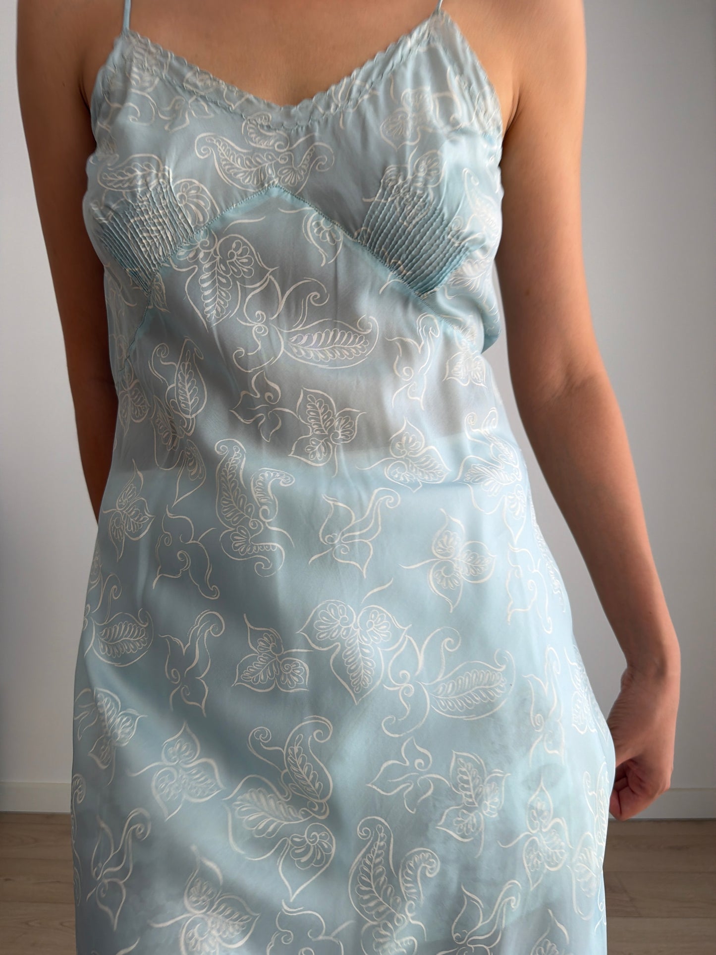 1930s Blue Silk Slip Dress, Sheer Floral Print Bias Cut Midi Dress