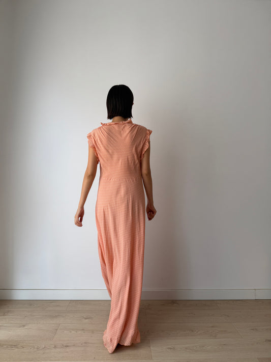 1940s Peach Polka Dot Maxi Dress | Romantic Vintage Original Ruffled Bias Cut Gown