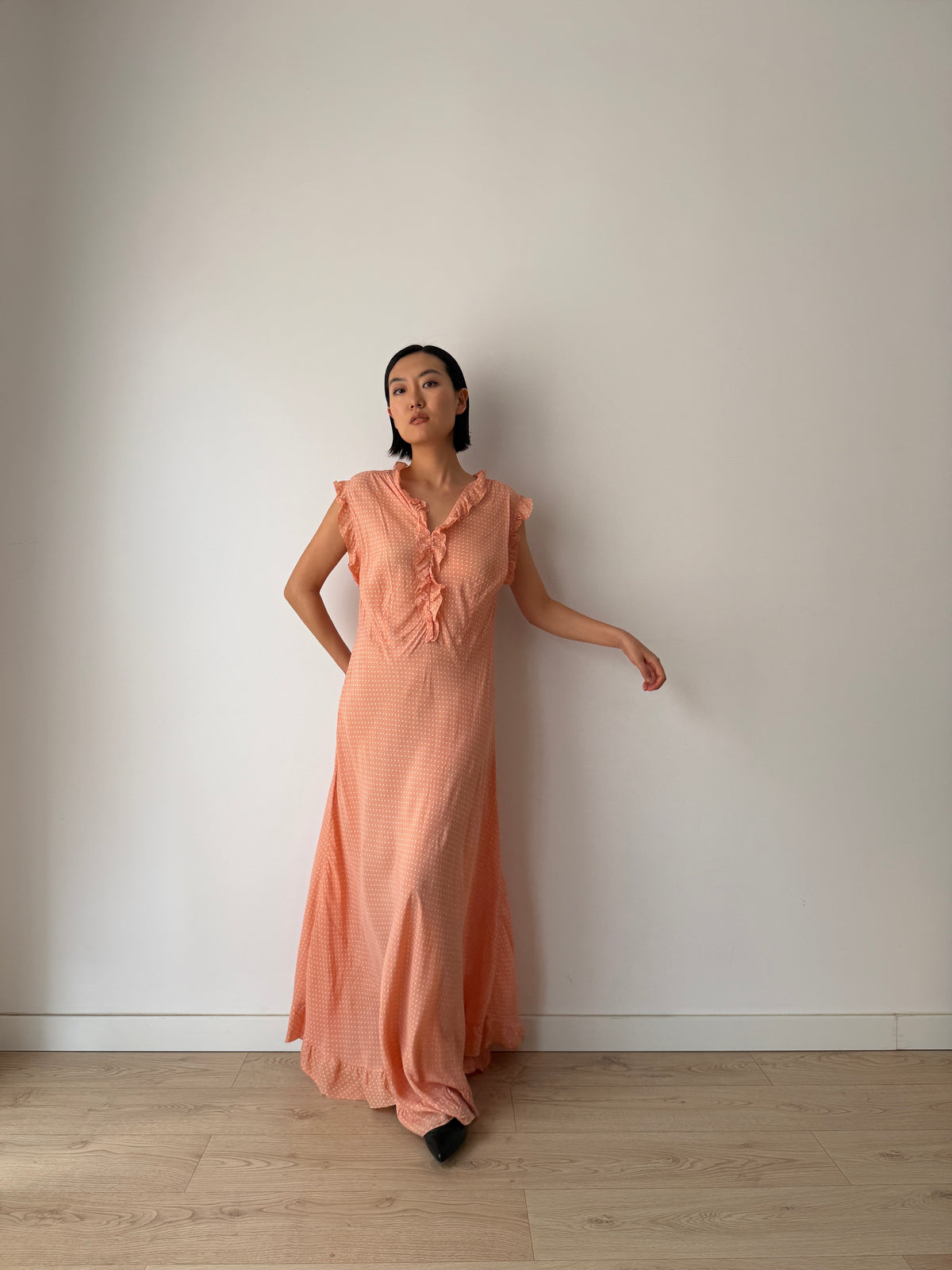 1940s Peach Polka Dot Maxi Dress | Romantic Vintage Original Ruffled Bias Cut Gown