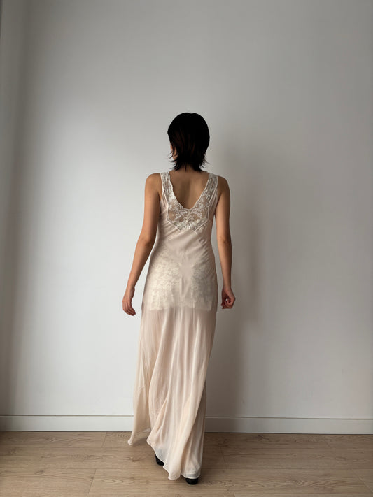 1930s Pale Pink Silk Bias Cut Silk Chiffon Appliqué Nightie