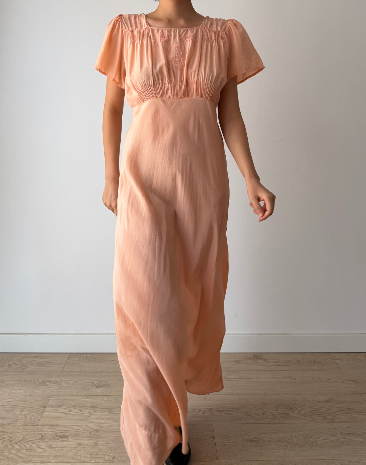 1930s Bias-Cut Peach Silk Dress With Embroidered Bodice, Square Neck, Empire Waist Gown