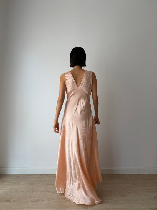 1940s Pale Peach Silk Satin Maxi Dress | Romantic Blush Bias Cut Gown, Tie Neck, Floor Length