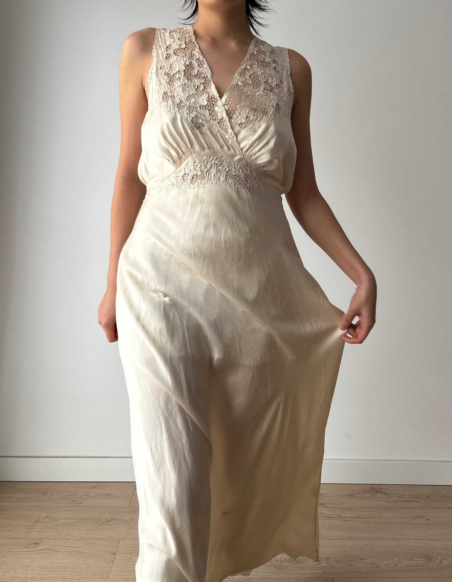 Vintage 1930s Silk Satin Nightgown: Lace Art Deco Maxi Slip Dress