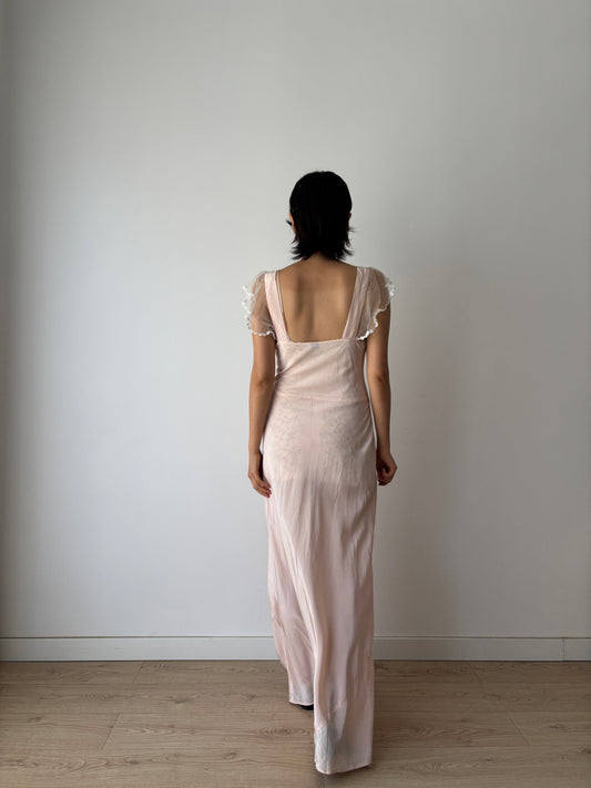 1940s Rayon Dress: Antique Pastel Pink Lace Bias Cut Gown