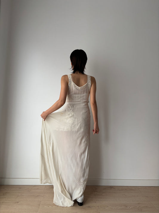 1930s Pure Silk Chiffon Lace Bridal Dress: Antique Bias Cut Nightgown