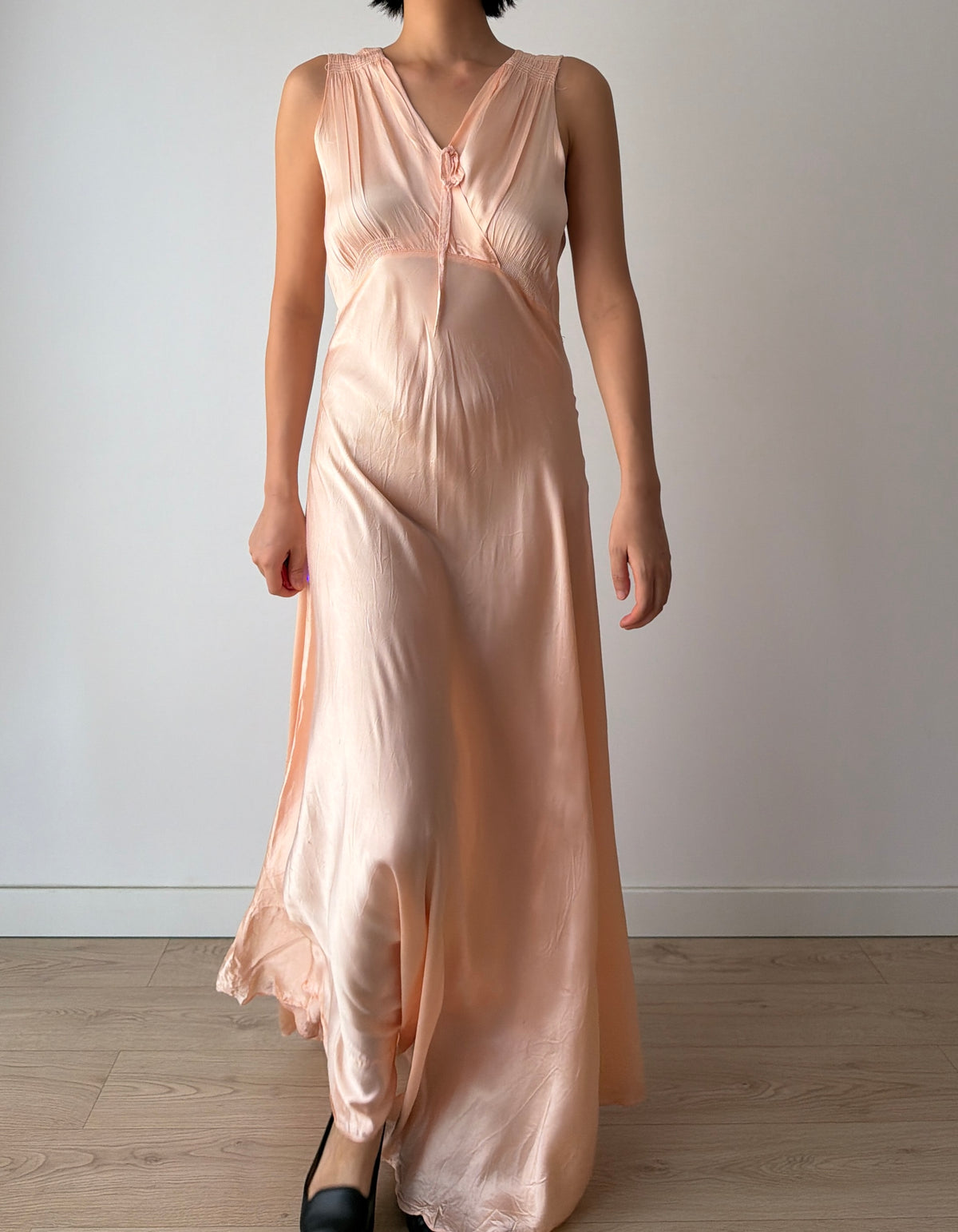 1940s Pale Peach Silk Satin Maxi Dress | Romantic Blush Bias Cut Gown, Tie Neck, Floor Length