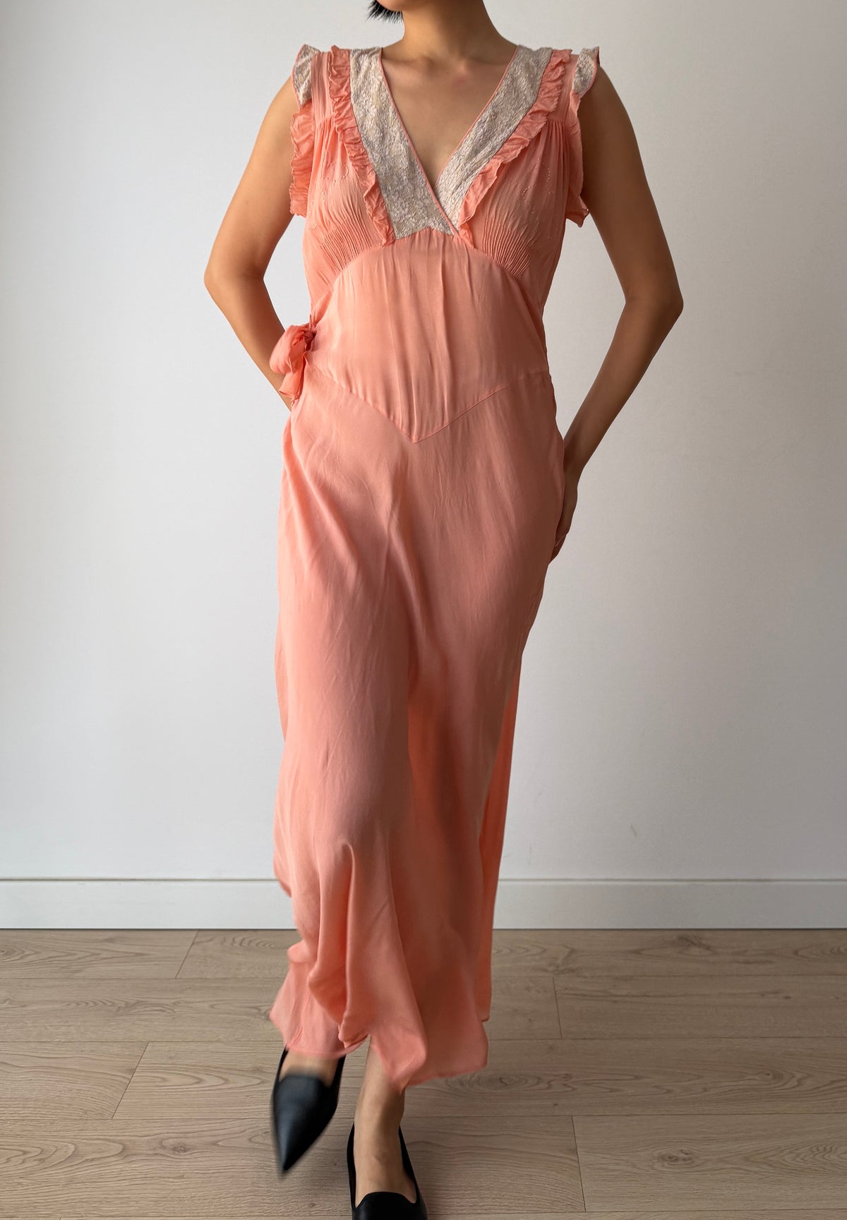 1930s Peach Bias Cut Gown | French Lace V-Neck, Ruffled Strap, Side Tie Maxi Dress