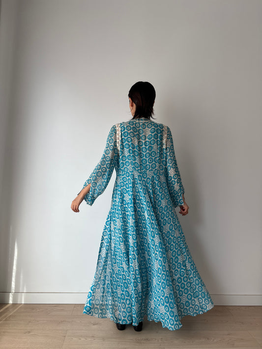 Vintage Blue Print Silk Chiffon Florence Lace Lingerie Set