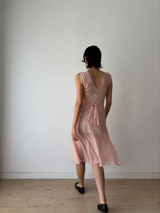 1930s midi pink ribbon silk chiffon sheer bias cut lace dress