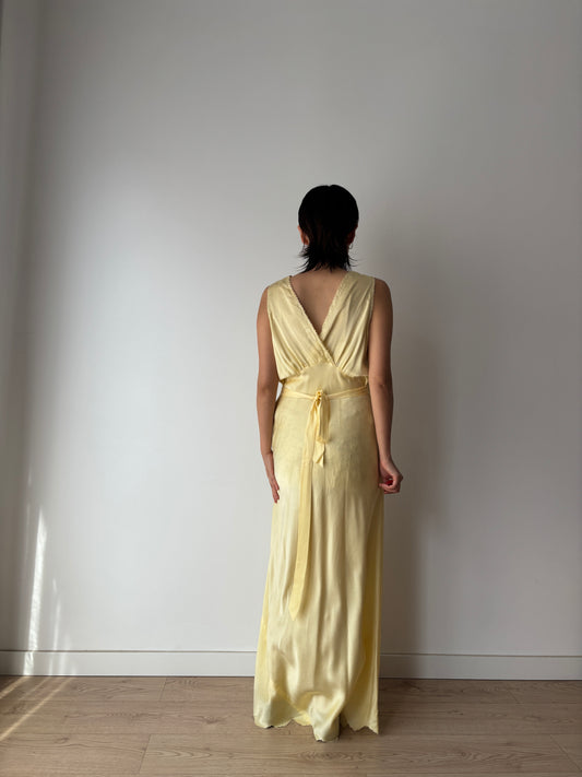 1940s Antique 100% Silk Yellow Embroidered Long Slip Maxi dress