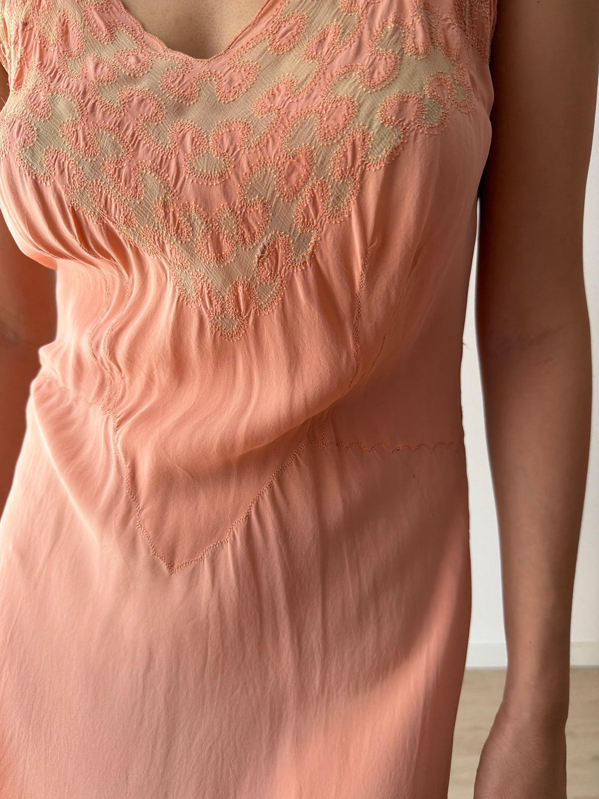 1940s Peach Bias Cut Gown | 1930s Romantic Embroidered Bodice Maxi Slip Dress