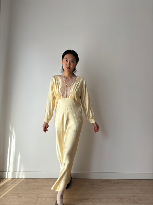 1940s Antique Yellow Silk Embroidered Bias Cut Slip Dress with Sleeves