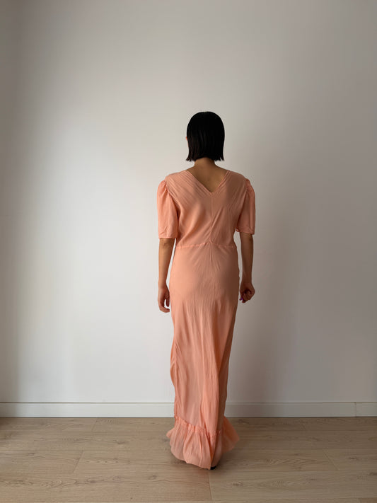1930s Silk Crepe Gown | Peach Bias Cut Maxi Dress | 1930s Lace Bust Evening Dress