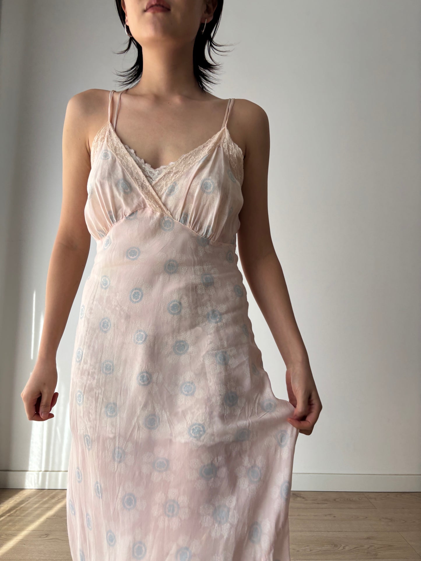 1940s Antique Blue & Pink Silk Slip Dress