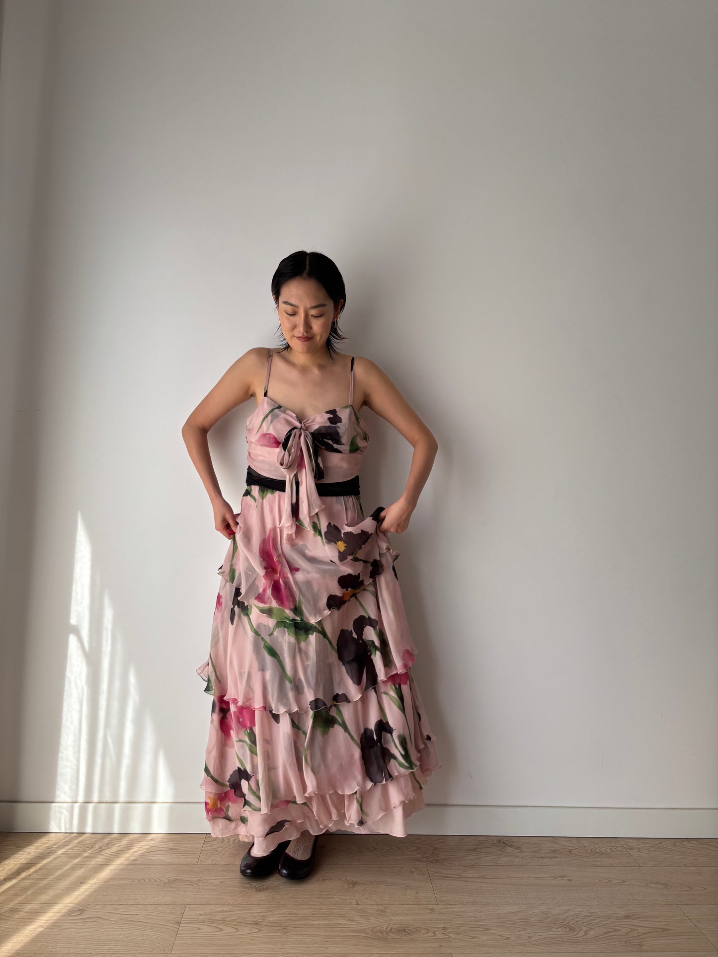 Moschino Vintage 2000s Y2K Silk Chiffon Dress, Floral Print Fairy Maxi Dress