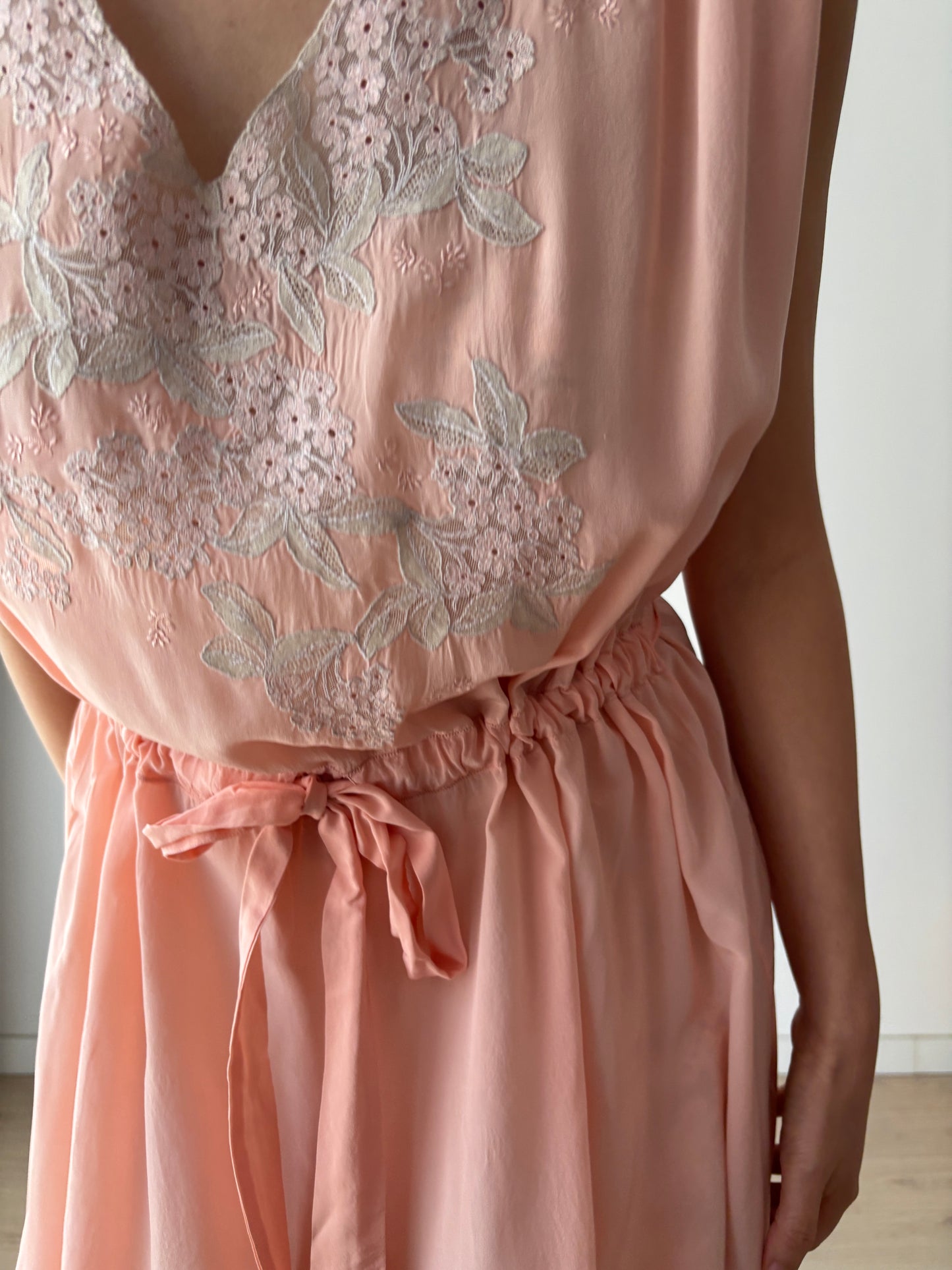 Antique 1940s french lace liquid silk crepe nightdress in pink