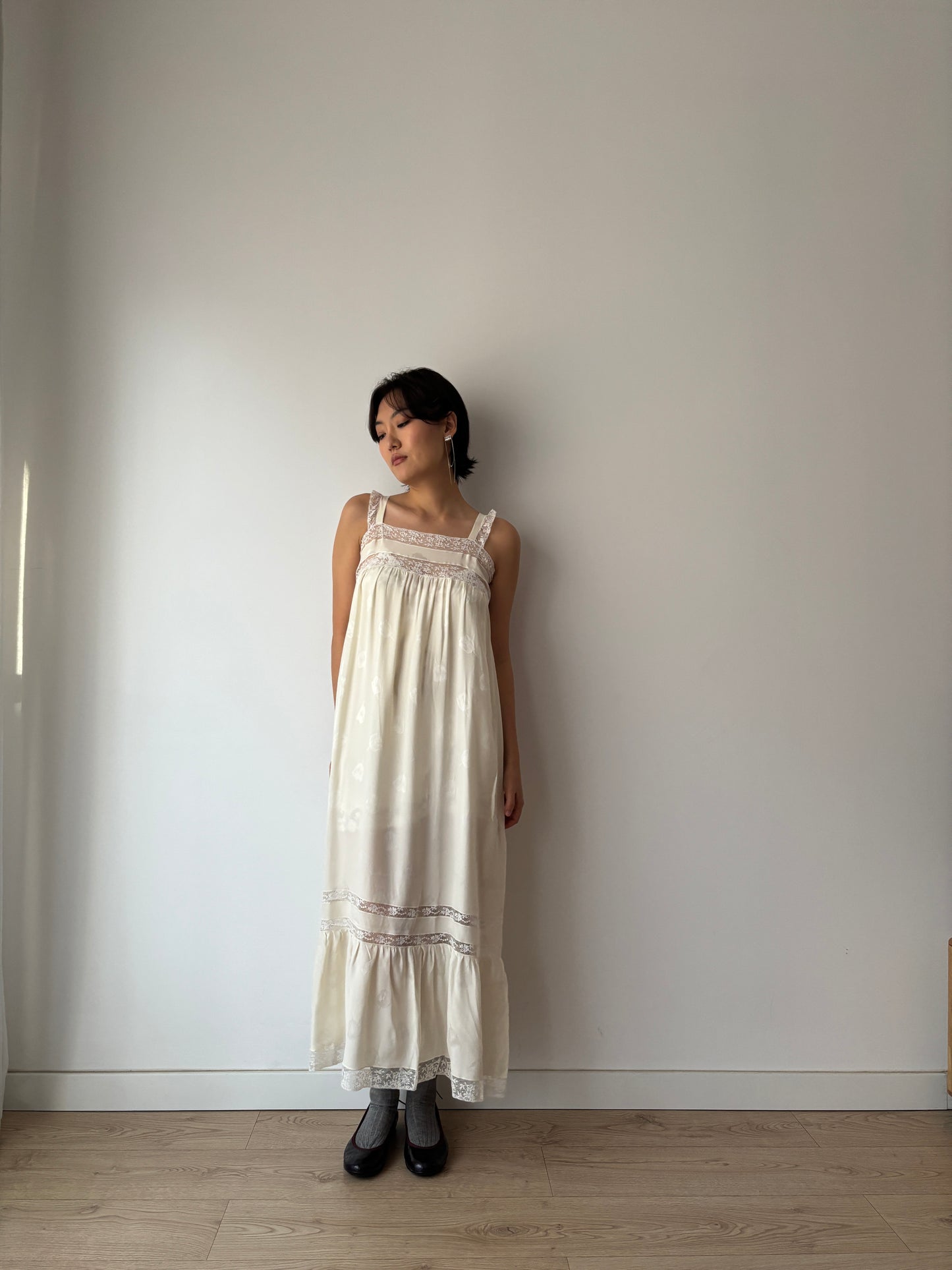 Vintage Italian Silk Nightgown 2 Piece Set, White Lace Peignoir & Slip Dress