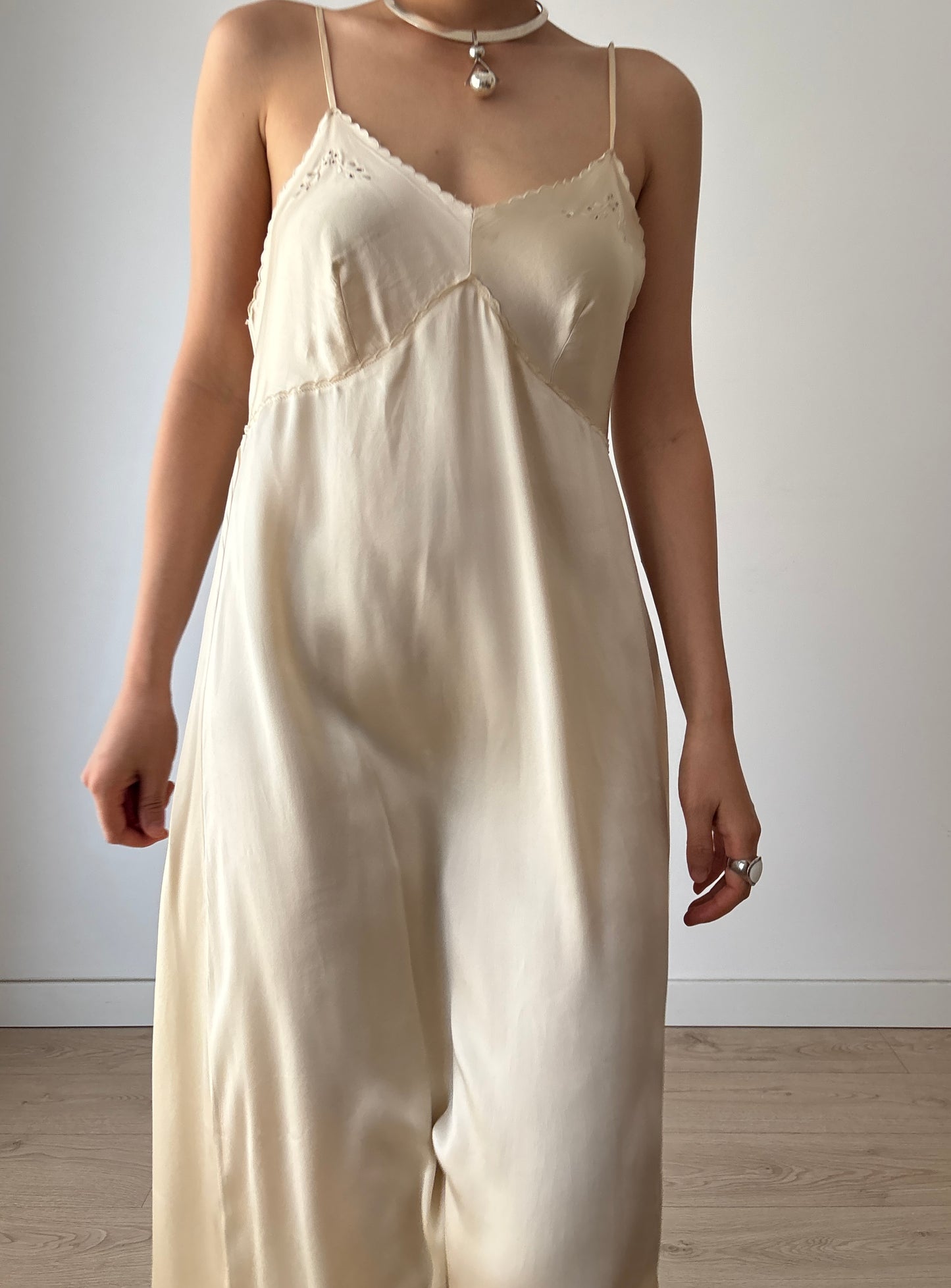 1940s Vintage Pure Silk Slip Dress, Lace Embroidery Bridal Lingerie Nightgown