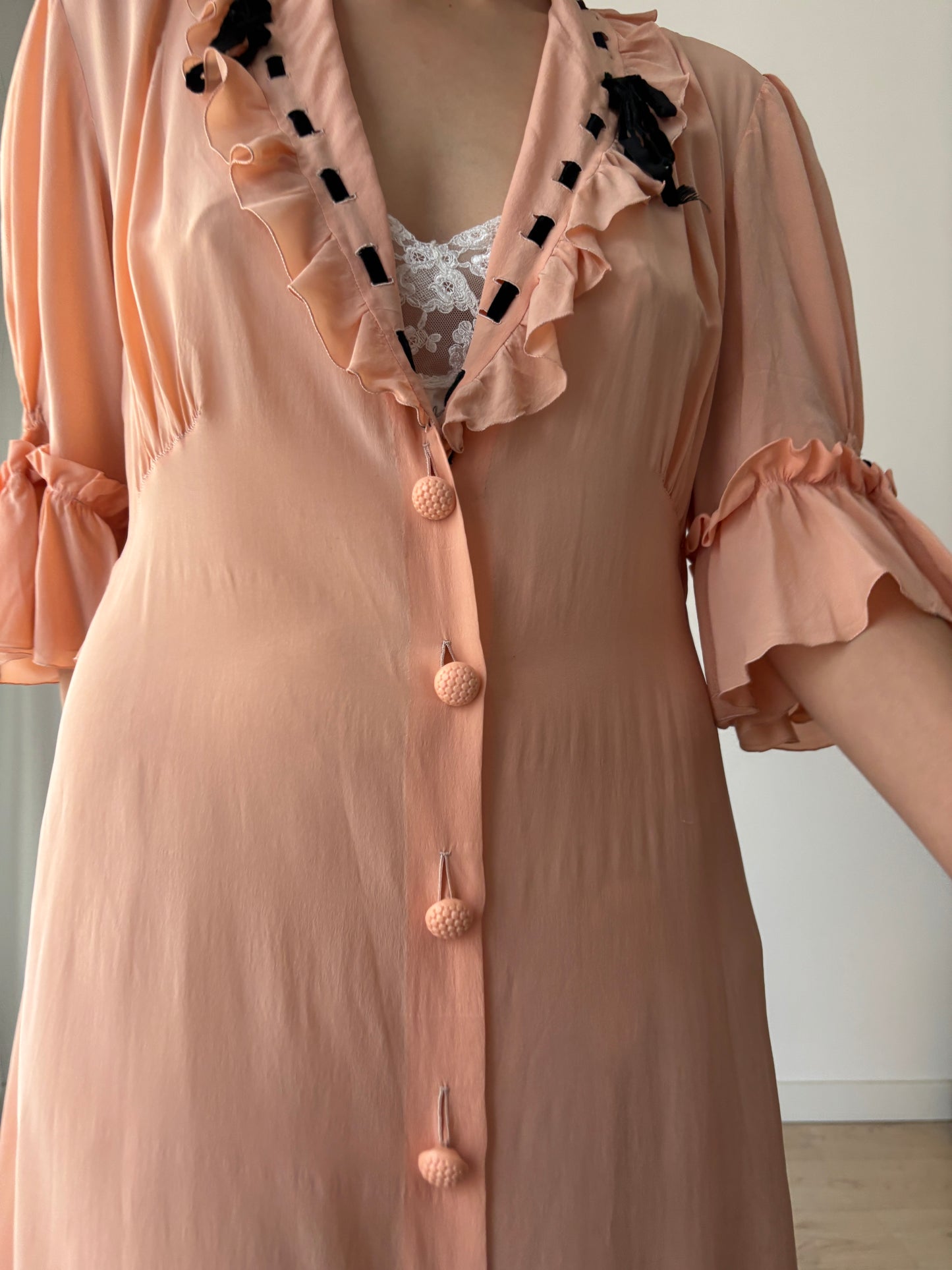 1930s 1940s Antique Pale Pink Pure Silk Bow Lace Ribbon Nightgown Lingerie Dress