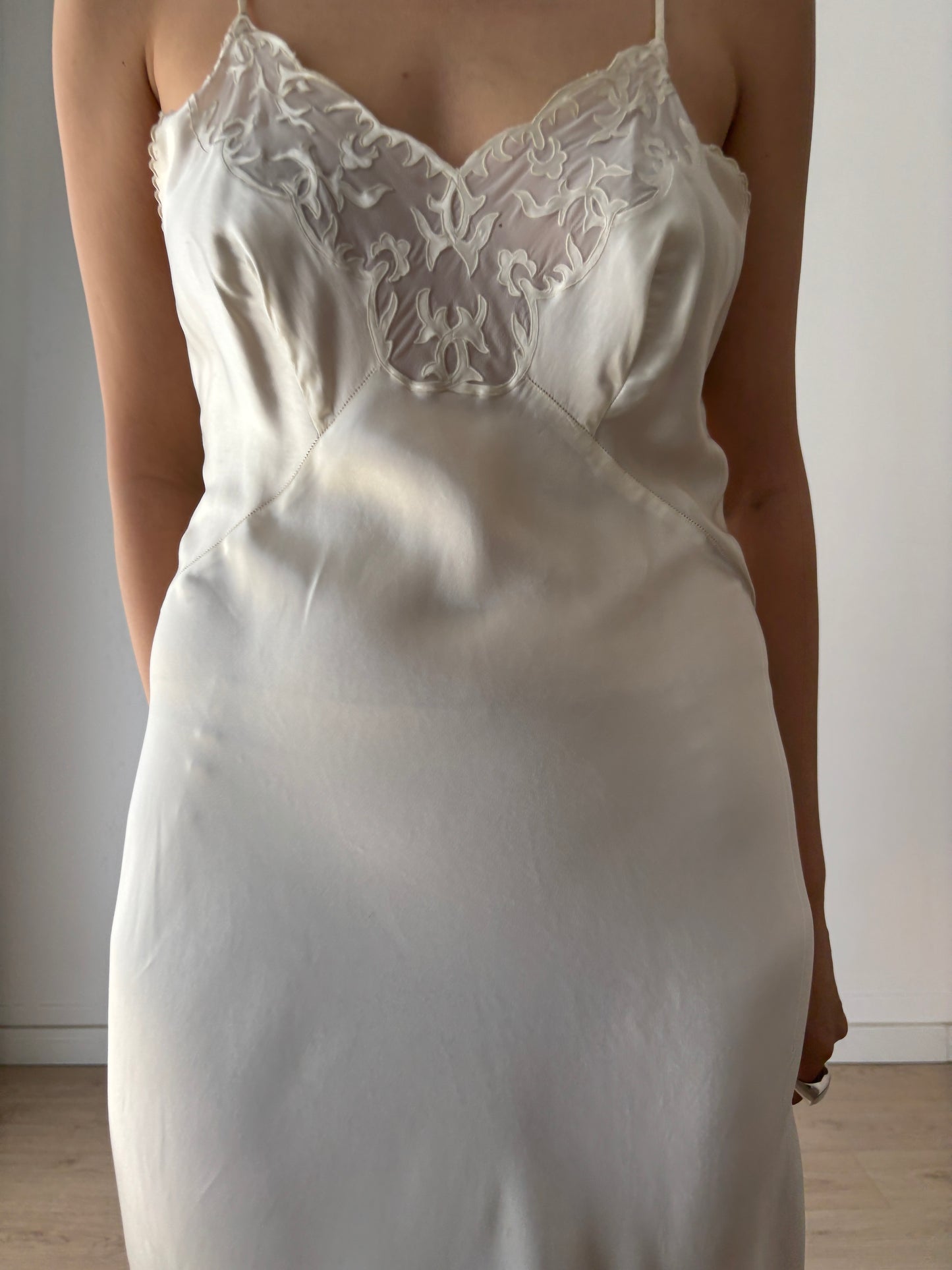 1930s Pure Silk Lace Slip Dress, Antique White Bridal Lingerie, French Romantic Underdress