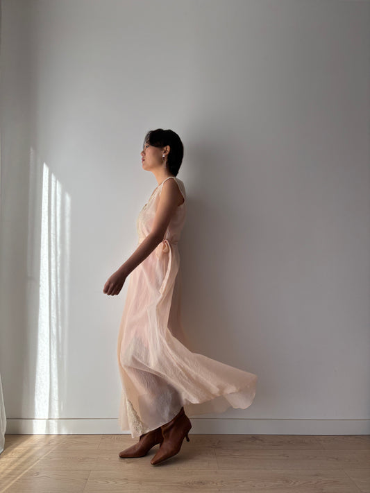 1950s Bias Cut Nightgown in Pale Pink: Rayon Crepe with French Lace & Ribbon Waist